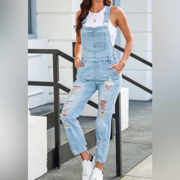 Trending Red Hot fabulous distressed denim PINK Celebrity overalls 🔥🔥🔥 - Picture 3 of 11